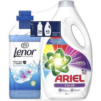 Ariel Color Univerzálny prací gél 43 PD + zmäkčovadlo Lenor Spring Swakening 34 PD