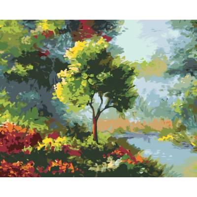 zuty Malování Podle Čísel Strom Mezi Květinami U Řeky 80 x 100 Cm Plátno Rám