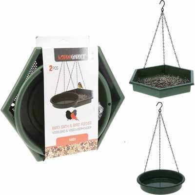 ProGarden Závesné kŕmidlo + napájadlo pre vtáky Duo 45 x 28 cm + 43 x 25 cm plast zelená
