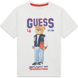 GUESS Бяла тениска за момче с цветно мече и син надпис Guess