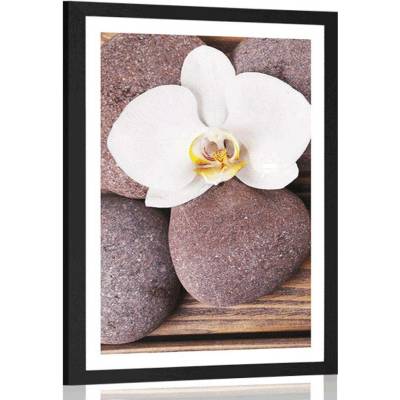 Plakát s paspartou wellness kameny a orchidej na dřevěném pozadí - 40x60 silver