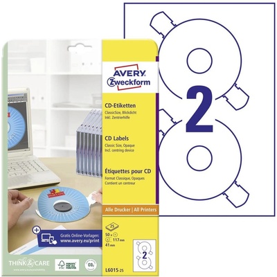 Avery-Zweckform sieťok na CD / DVD L6015-25 Ø 117 mm papier biela 50 ks trvalé nepriehľadný atrament, laser; L6015-25