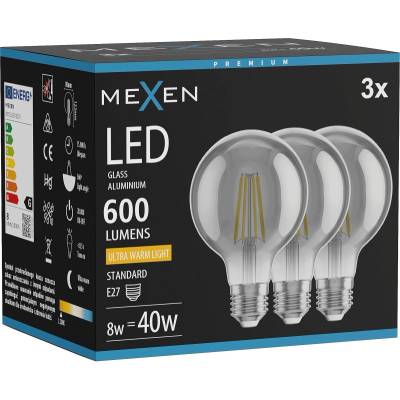 Mexen Vintis 3x LED филамент крушка E27, G80, 8W, Топла - 2200K, 600 lm, опушено - L155-E27-0822-70x03 (L155-E27-0822-70x03)