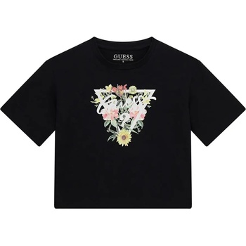 GUESS Черна къса тениска за момиче с бяло лого Guess и свежи цветя