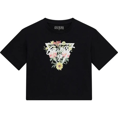 GUESS Черна къса тениска за момиче с бяло лого Guess и свежи цветя