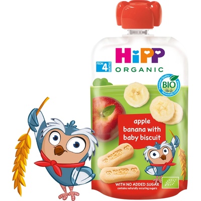 Hipp Organic Плодова закуска ябълка, банан и бебешки бисквити 100г
