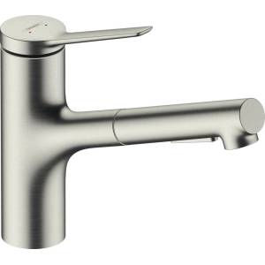 Hansgrohe Zesis M33 150 издърпващ се кухненски смесител, матиран хром, с 2 струи (74820800)