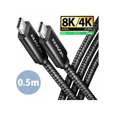 AXAGON BUCM4X-CM05AB, NewGEN+ USB-C USB-C cable, 0.5m, USB4 Gen 3×2, PD 240W 5A, 8K HD, ALU, braided, black