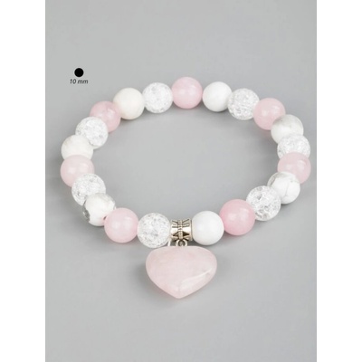 Prosperk Luxusní masivní náramek z korálků růženínu magnezitu a pukaného křišťálu s přívěskem srdce bílá S4679
