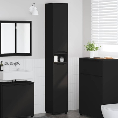 vidaXL Шкаф за баня с рафт Черно 30, 5 x 30 x 195 см Инженерно дърво (888758)