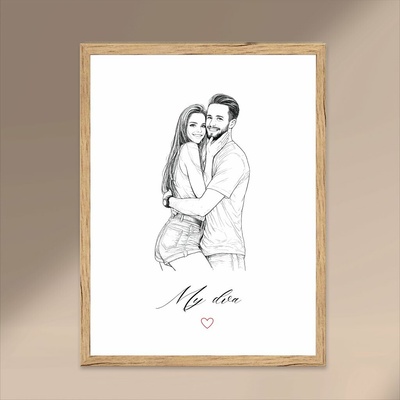 Plakát s KRESLENOU FOTOGRAFIÍ PÁRU Rozměr plakátu: A3 (29,7 x 42 cm), Rámeček: Dřevěný rámeček