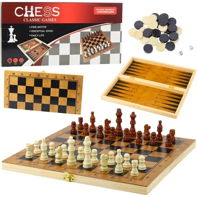 mamido Dřevěná logická hra 3v1 Šachy Dáma Backgammon