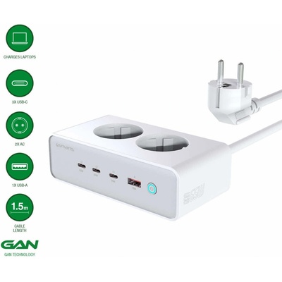 4smarts Desk Charger GaN 65W with AC Sockets - разклонител с 2xAC контакта и захранване с 3хUSB-C и 1хUSB-A портове за мобилни устройства (бял)