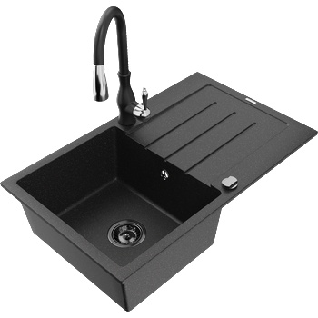 Mexen Bruno гранитна мивка с 1 отделение с отцедник и кухненски смесител Savita, черен/сребрист - 6513-73-672601-70-B (6513-73-672601-70-B)