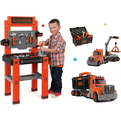 Smoby set pracovná dielňa Black & Decker so 79 doplnkami a kamión s pracovným kufríkom a náradím SM36070011