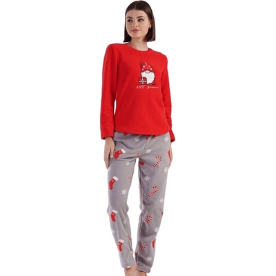 Дамска поларена коледна пижама в червено и сиво