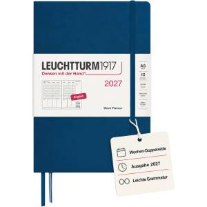 Leuchtturm1917 Weekly Planner 2027 Medium (A5) - English, Indigo, 210 x 145 mm, January-December (12 months), weekly overview with hourly grid 7: 00-22: 00 per column, hardcover, 80 g/m2 paper - 400318 (400318)