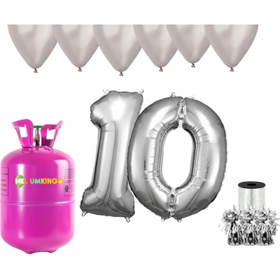 HeliumKing Hélium párty set na 10. narodeniny so striebornými balónmi