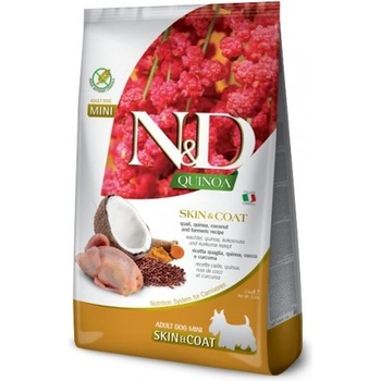 Farmina N&d dog grain free quinoa skin & coat quail, coconut adult mini - за чувствителен стомах, лъскав косъм и здрава козина, за кучета от мини породи, над 1 година, с пъдпъдъче месо, киноа, кокос и куркума - 0, 800 кг pnd0080082