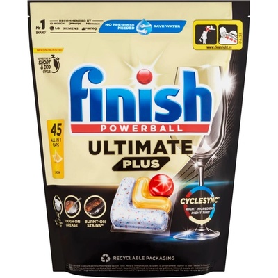 Finish Завършете Powerball Ultimate Plus лимон капсули за миялна машина 45pcs + подарък проба продукт (5999109583376)