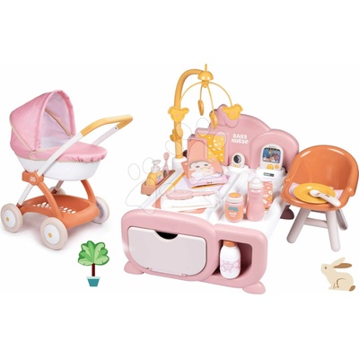 Smoby Set domček pre bábiku elektronický Cocoon Nursery Soft Baby Nurse a hlboký kočík s textilným poťahom
