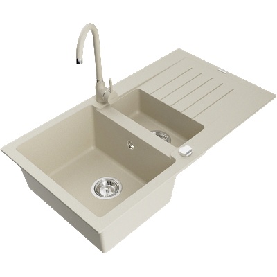 Mexen Matias гранитна мивка 1, 5 камери с отцедник и кухненски смесител Telma, бежов - 6502-69-670200-69 (6502-69-670200-69)