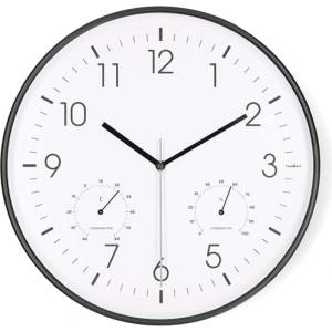 Nedis CLWA4226BK стенен часовник, диаметър 30 cm, пластмаса, безшумен механизъм: часовник, термометър, индикатор за влажност (CLWA4226BK)