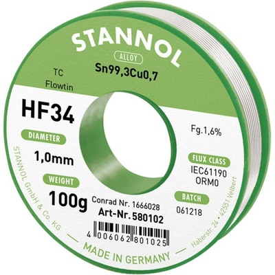 Stannol HF34 1,6% 1,0MM FLOWTIN TC CD 100G bezolovnatý pájecí cín cívka, bez olova Sn99,3Cu0,7 ORM0 100 g 1 mm