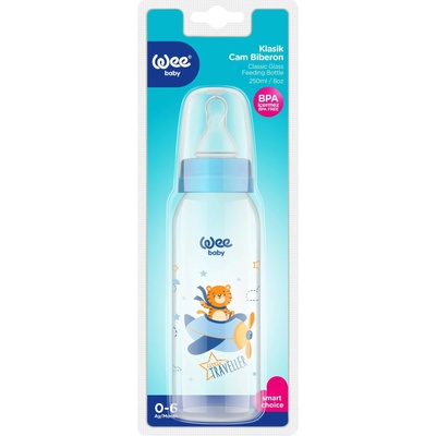 Wee Baby Стъклено шише Wee Baby Classic - 250 ml, синьо с тигър (876)