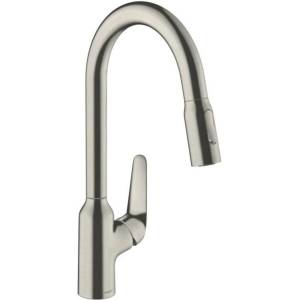 Hansgrohe Focus M42 220 издърпващ се кухненски смесител, матиран хром, с 2 струи (71800800)