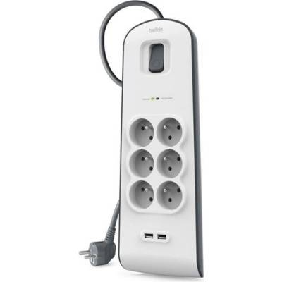 Belkin мрежов разклонител с 6 ac + 2 usb гнезда, защита от пренапрежение + захранващ кабел 200 см, БЯЛ bsv604ca2m (bsv604ca2m)