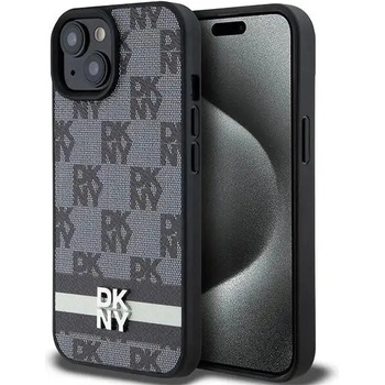 DKNY Кейс DKNY Leather Checkered Mono Pattern & Printed Stripes за iPhone 15 Plus / 14 Plus, черен (3666339263201)