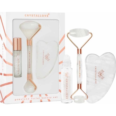 Crystallove Clear Quartz Gua Sha Plate masážní pomůcka + Roller masážní váleček na obličej + roll-on s krystaly plnitelný 10 ml