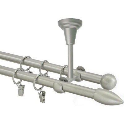 OK-GarnýžeCZ Garnýž kovová dvouřadá 16mm Špice stříbrná mat 240 cm do stropu / kroužky s žabkou