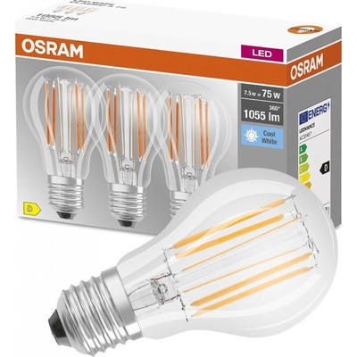 Osram 3PAK LED žiarovka E27 A60 CL 7,5W = 75W 1055lm 4000K Neutrálne 300° vlákno BASE