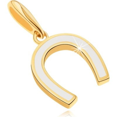 Šperky Eshop Přívěsek ve žlutém zlatě podkůvka zdobená bílou glazurou S2GG122.02