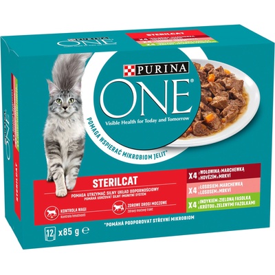 Purina ONE Sterilcat vlhké krmivo pre mačky s hovädzím, lososom, morčacím a zeleninou ​ 6 x (12 x 85 g)