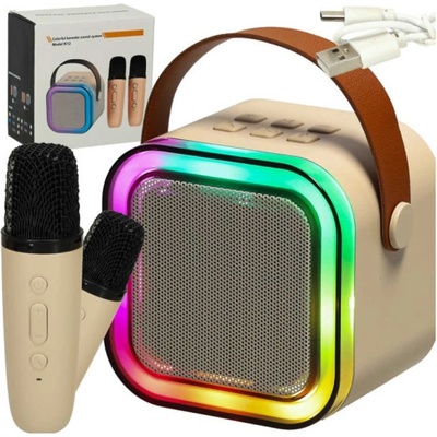 Karaoke set 2 mikrofony a přenosný reproduktor BLUETOOTH USB LED béžová barva