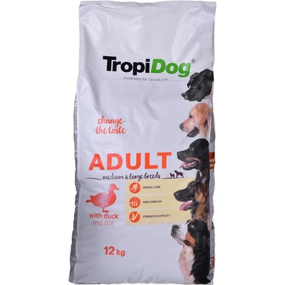 TropiDog TROPIDOG Premium Adult Medium & Large Duck with rice Храна за кучета, суха, за възрастни, средна и голяма порода, патешко с ориз, 12 kg