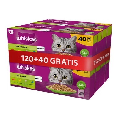 Whiskas Adult krmivo pro kočky v želé s příchutí ryb a tradičních příchutí (s kuřecím masem, lososem, hovězím masem a tuňákem + 40 kapsiček 120x85 g