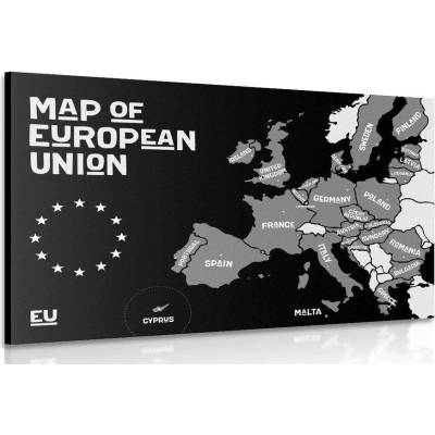 Obraz naučná mapa s názvy zemí evropské unie v černobílém provedení - 120x80