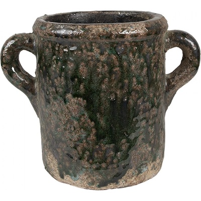 Clayre & Eef Zelený antik terakotový květináč s oušky Teracci M 21x14x16 cm