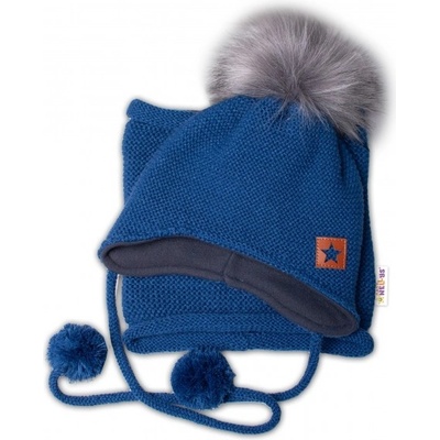 Baby Nellys zimní čepice s fleecem a chlupáčková bambule Star komínek granát