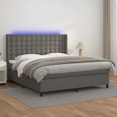 vidaXL Боксспринг легло с матрак и LED сиво 180x200 см изкуствена кожа (3139401)