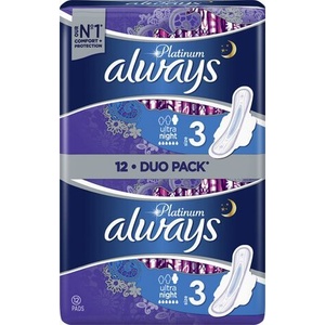Always Дамски превръзки с крилца Always Platinum - Night Duo, 12 броя