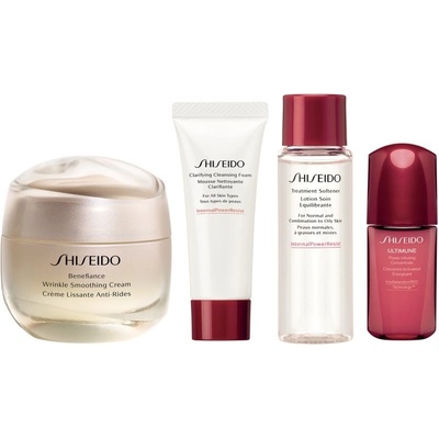 Shiseido Benefiance denní a noční krém proti vráskám pro všechny typy pleti 50 ml + čisticí pěna na obličej 15 ml + pleťová voda 30 ml + energizující a ochranný koncentrát 10 ml