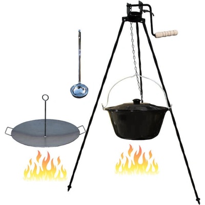 Kessel kotlík na guláš smalt 16 l 1,2 mm Pánev závěsná na grilování železo 49 cm UNI speciální trojnožka s pojistnou kladkou VAR 1,25 m na kotlík poklice smalt 44 cm na