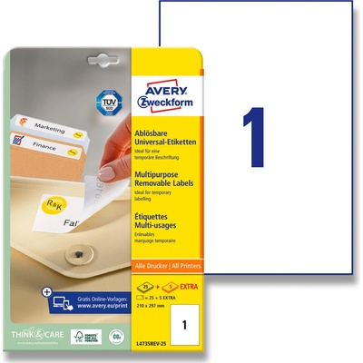 Avery Zweckform L4735REV-25 nepermanentní etikety 210,0 x 297,0 mm 30 etiket bílé