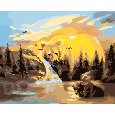 ZUTY Malování podle čísel MEDVĚD VODOPÁD A ZÁPAD SLUNCE D RUSTY RUST Rozměr 80 x 100 cm Rámování bez rámu a bez vypnutí plátna