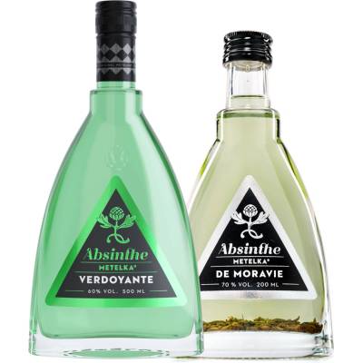 Metelka Absinthe Verdoyante 60% 0,5 l + Metelka Absinthe De Moravie 70% 0,2 l (2x holá láhev)